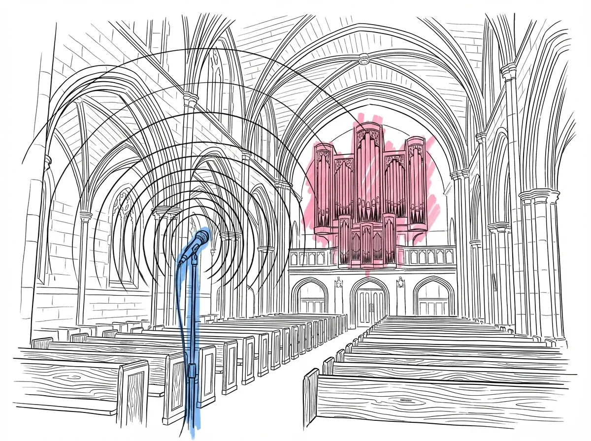Insidan av en kyrka med h\u00f6gt valv, en orgel i bakgrunden och en mikrofon vid altaret, ljudv\u00e5gor som strålar genom rummet, i Lovios rosa och bl\u00e5 illustrationsstil