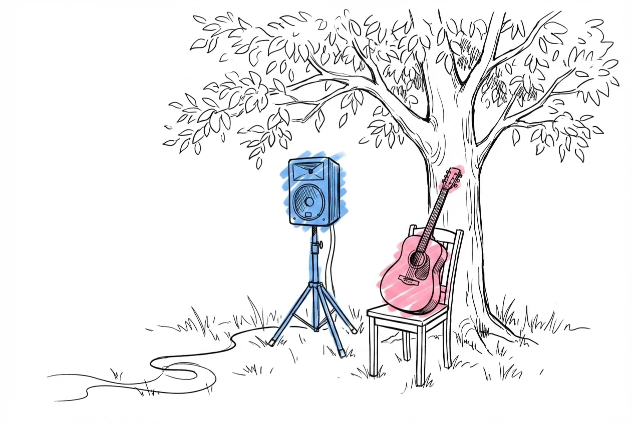 En utomhusceremoni under ett tr\u00e4d med en liten PA-h\u00f6gtalare, en akustisk gitarr p\u00e5 en stol och en f\u00f6rl\u00e4ngningssladd \u00f6ver gr\u00e4set, i Lovios rosa och bl\u00e5 illustrationsstil