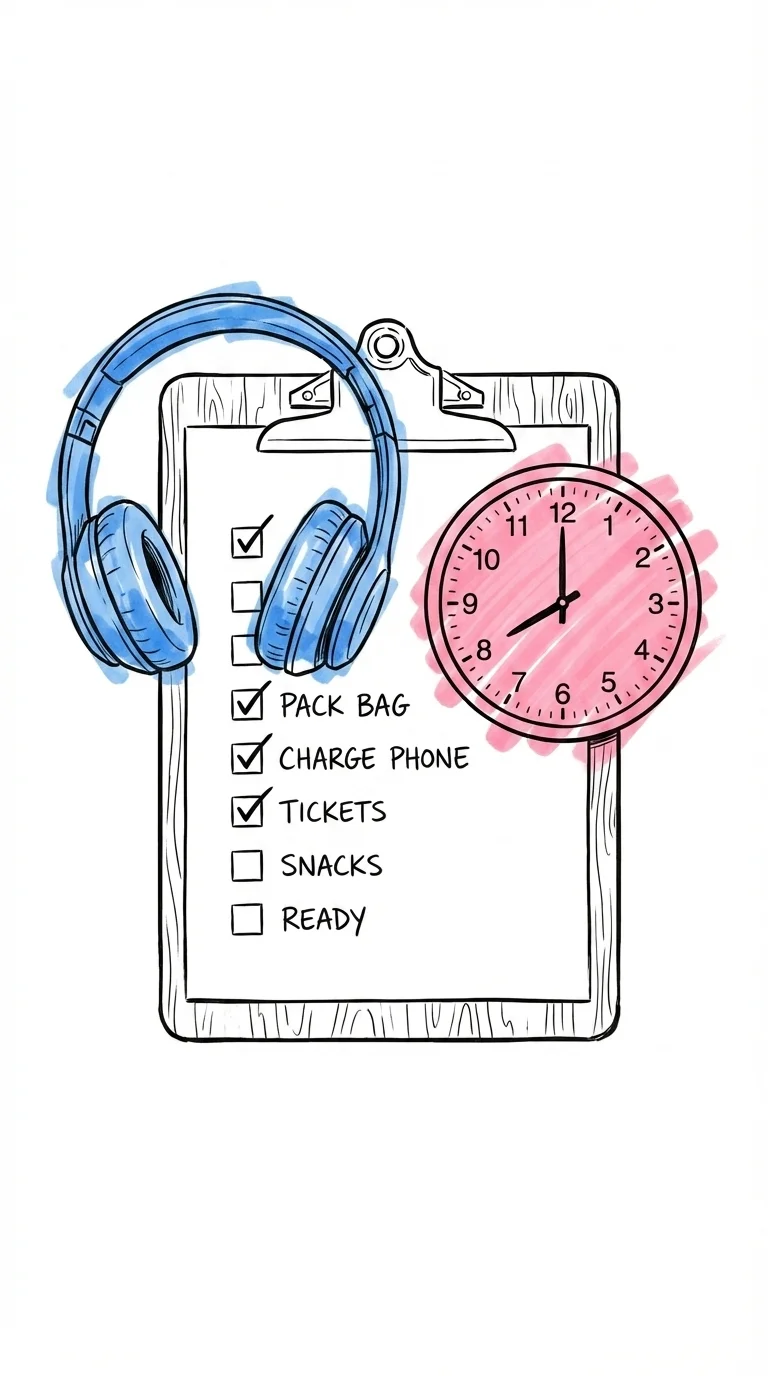 En clipboard med en handskriven checklista, bockar, en klocka och h\u00f6rlurar draperade \u00f6ver toppen, i Lovios rosa och bl\u00e5 illustrationsstil