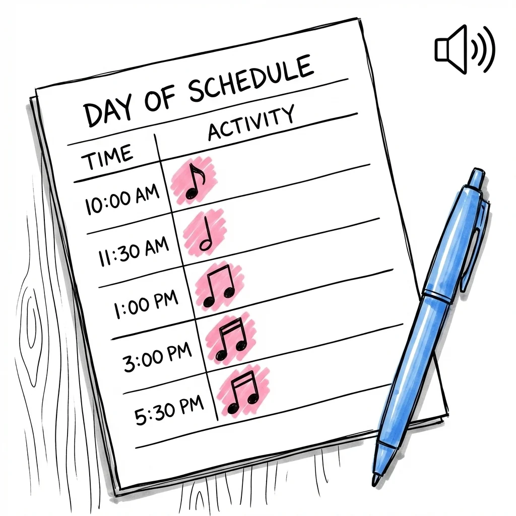 Ett dagsprogram med musiknots-ikoner bredvid tidsf\u00e4lt, en penna och en liten h\u00f6gtalarikon, i Lovios rosa och bl\u00e5 illustrationsstil