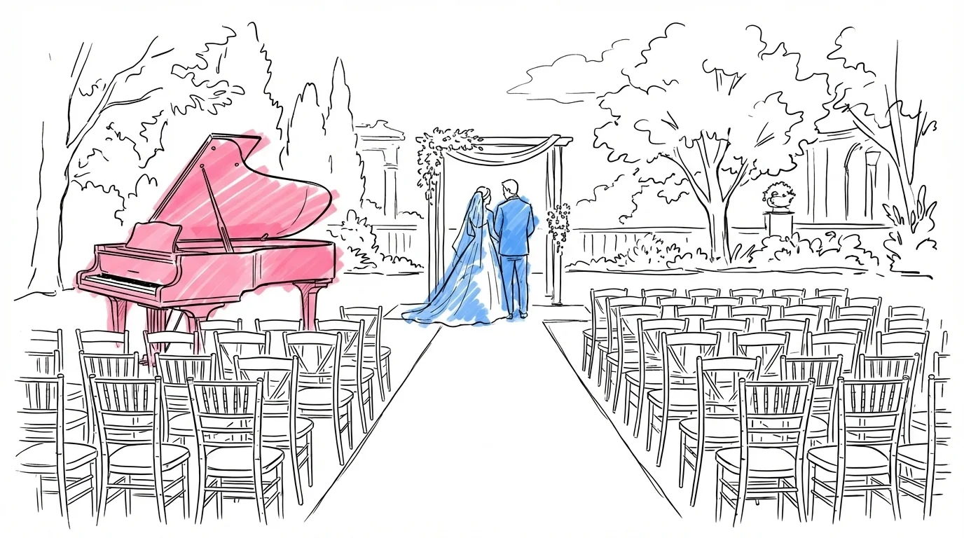 En ceremoni\u00f6ng sedd bakifr\u00e5n med rader av stolar, ett par vid altaret och ett piano vid sidan, i Lovios rosa och bl\u00e5 illustrationsstil