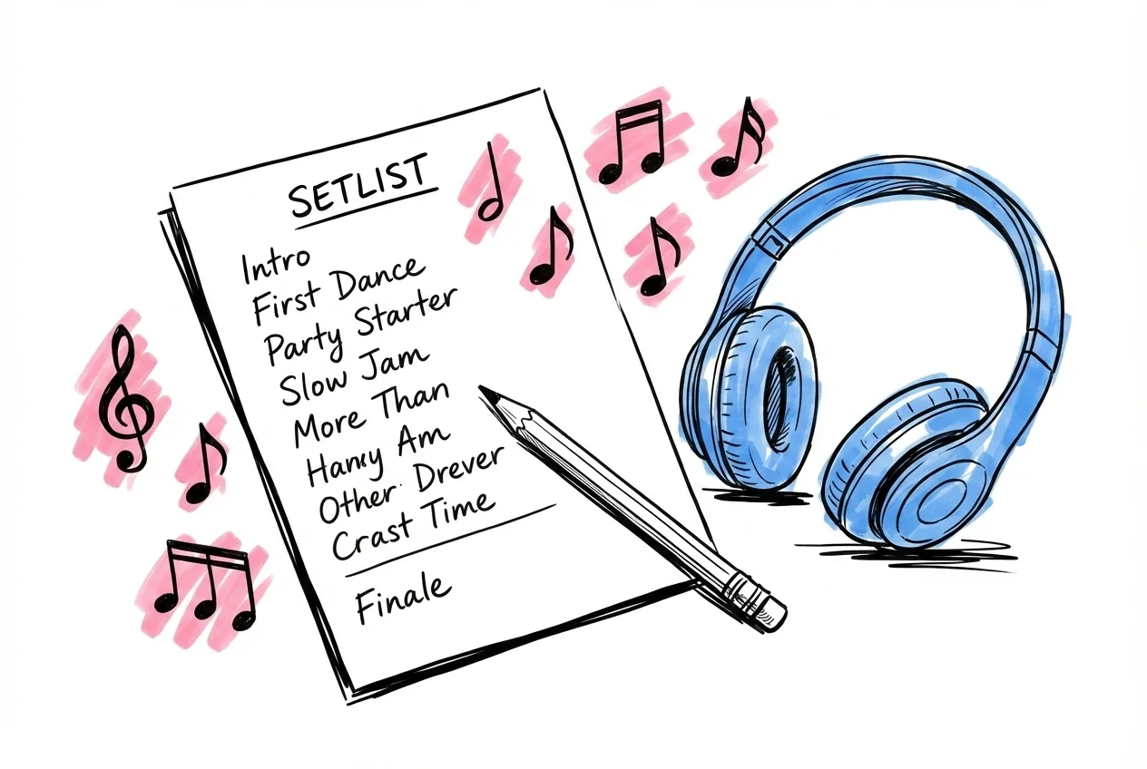 En handskriven setlista p\u00e5 ett papper med musiknoter, en penna och ett par h\u00f6rlurar, i Lovios rosa och bl\u00e5 illustrationsstil