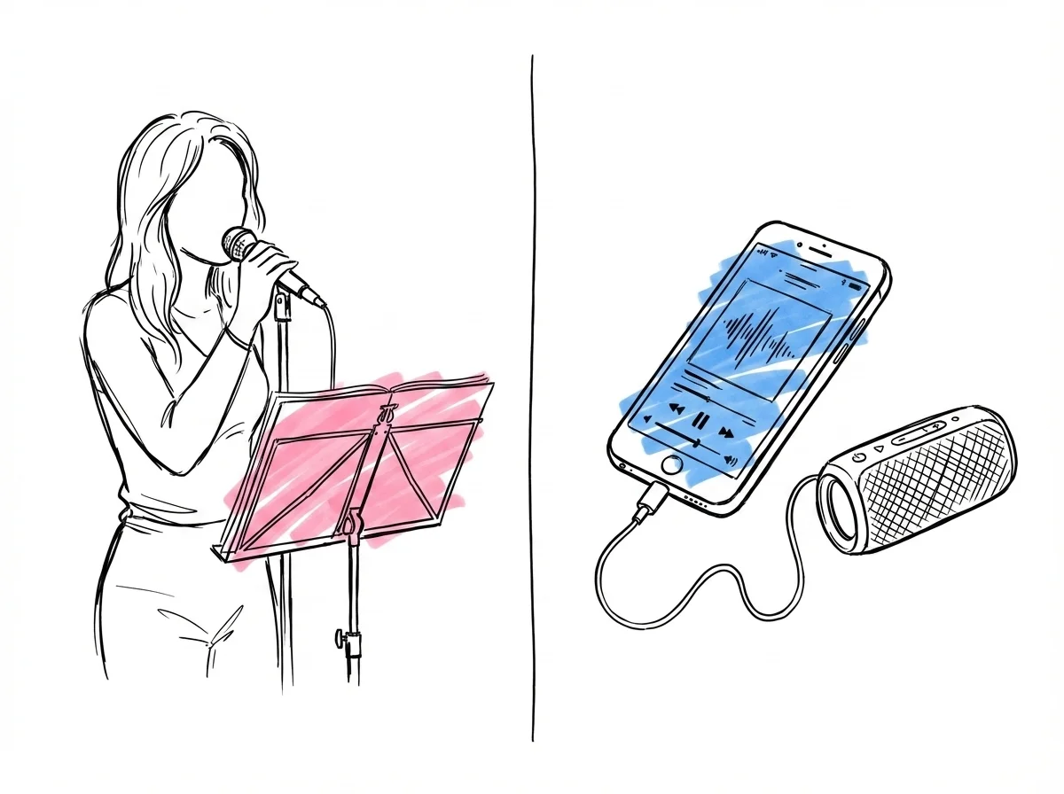 Delad scen: en solos\u00e5ngare med mikrofon och notst\u00e4ll p\u00e5 ena sidan, en smartphone kopplad till en portabel h\u00f6gtalare p\u00e5 andra, i Lovios rosa och bl\u00e5 illustrationsstil