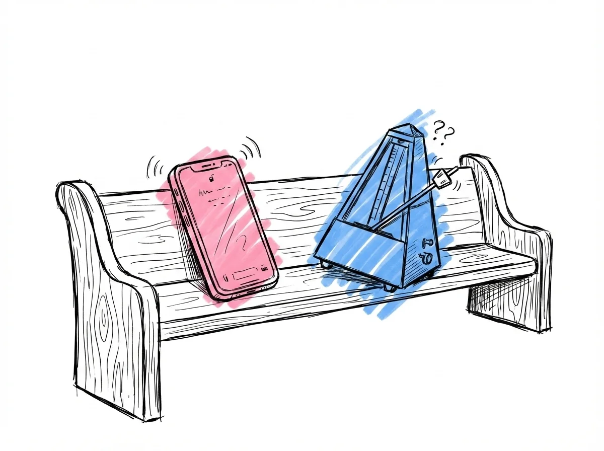 En telefon p\u00e5 en kyrob\u00e4nk med sm\u00e5 ljudv\u00e5gor och en f\u00f6rvirrad metronom, i Lovios rosa och bl\u00e5 illustrationsstil