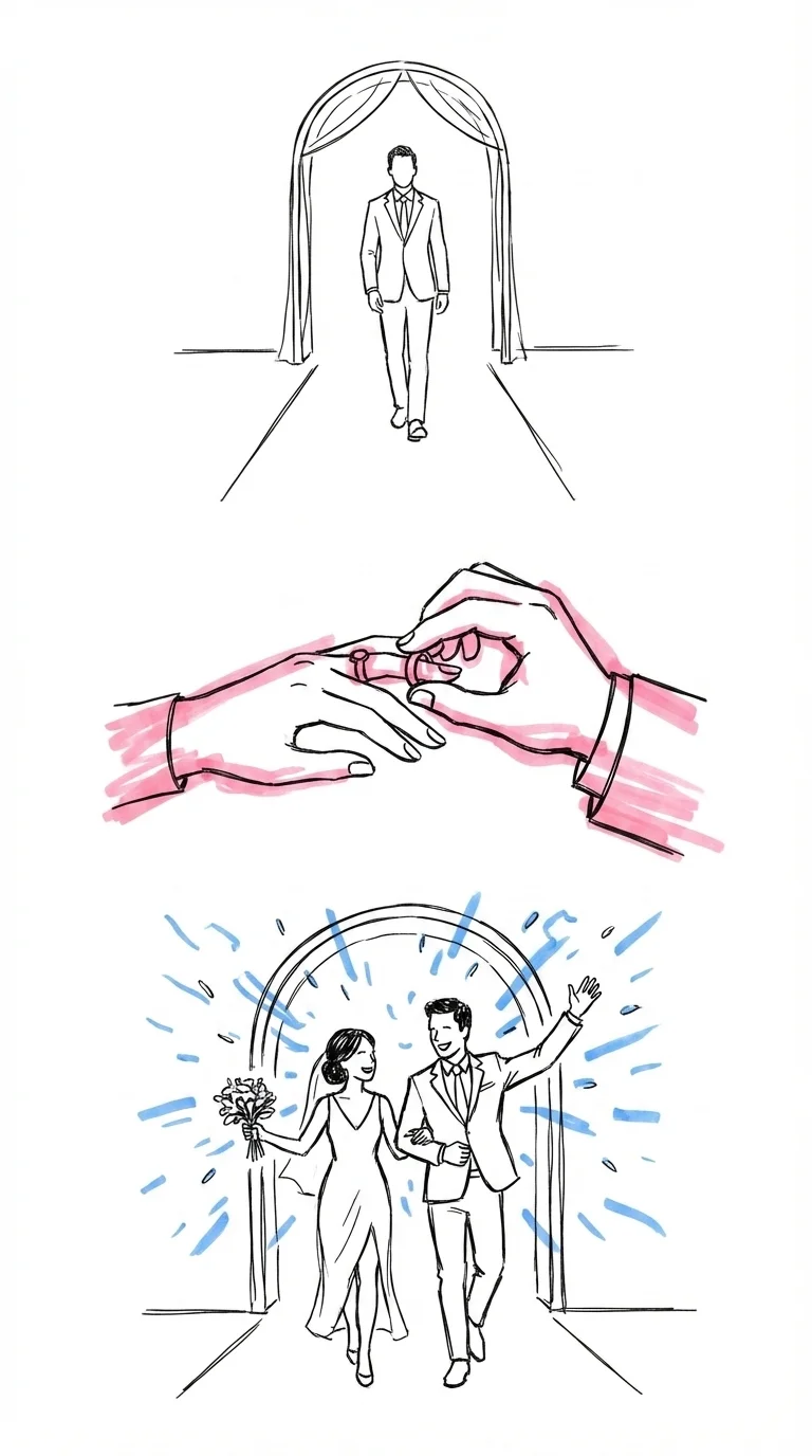 Tre vertikala vinjetter: en figur g\u00e5r l\u00e5ngsamt i en g\u00e5ng, tv\u00e5 h\u00e4nder v\u00e4xlar ringar, och ett par strider ut med konfetti, i Lovios rosa och bl\u00e5 illustrationsstil