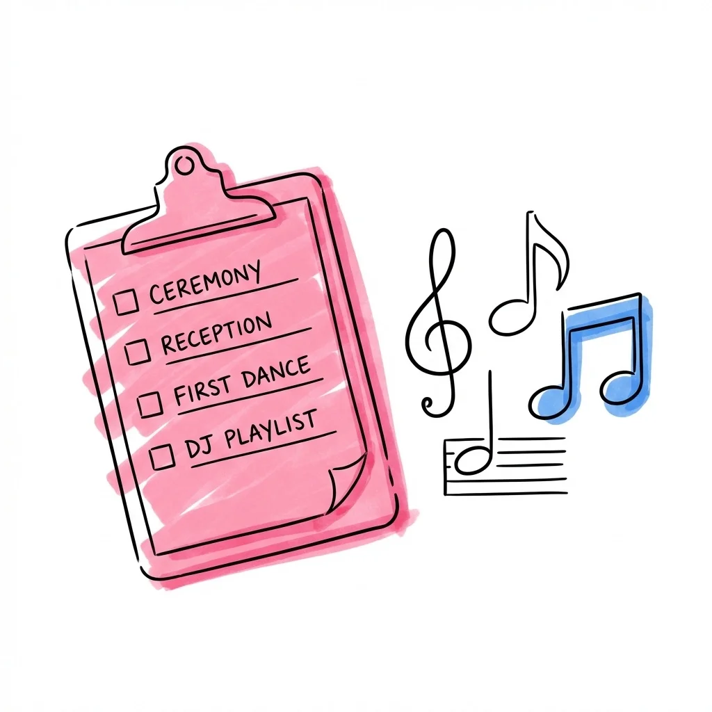 Checklista med musiknoter — planera bröllopsmusiken med Lovio