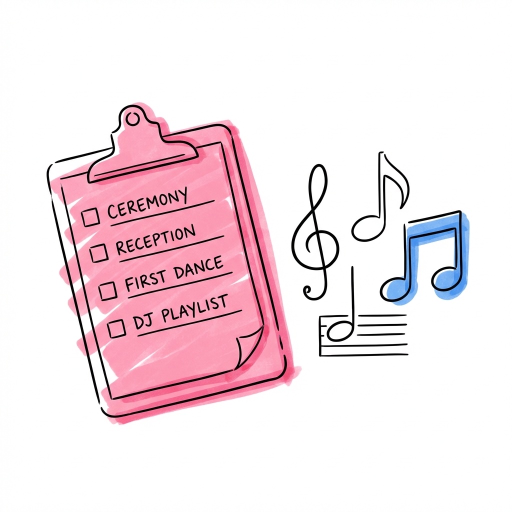 Checklista med musiknoter — planera bröllopsmusiken med Lovio