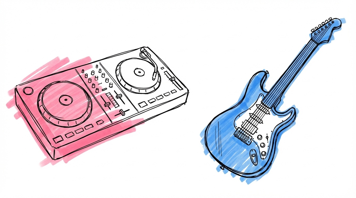 DJ-skivspelare bredvid en elgitarr — jämförelse mellan DJ och liveband