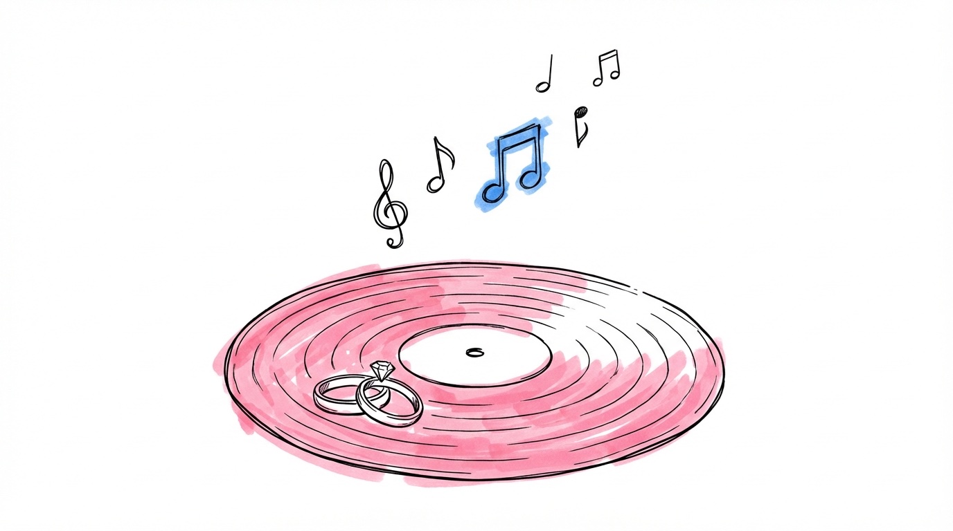 Vigselringar på en vinylskiva med noter som svävar uppåt — bröllopsmusik guide