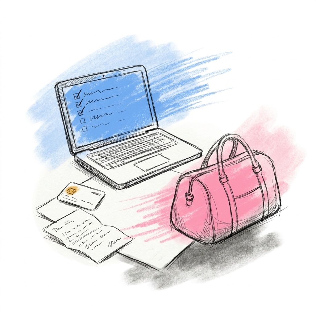 Öppen laptop med bockad checklista bredvid ett nyckelkort, en liten väska och en handskriven lapp, i Lovios rosa och blå illustrationsstil
