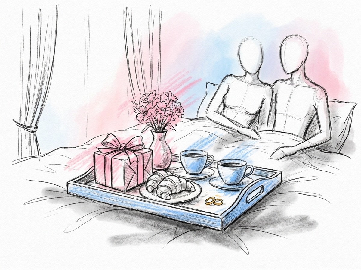 Frukostbricka på sängen med kaffe, frasiga bakverk, en liten present och två ringar, i Lovios rosa och blå illustrationsstil