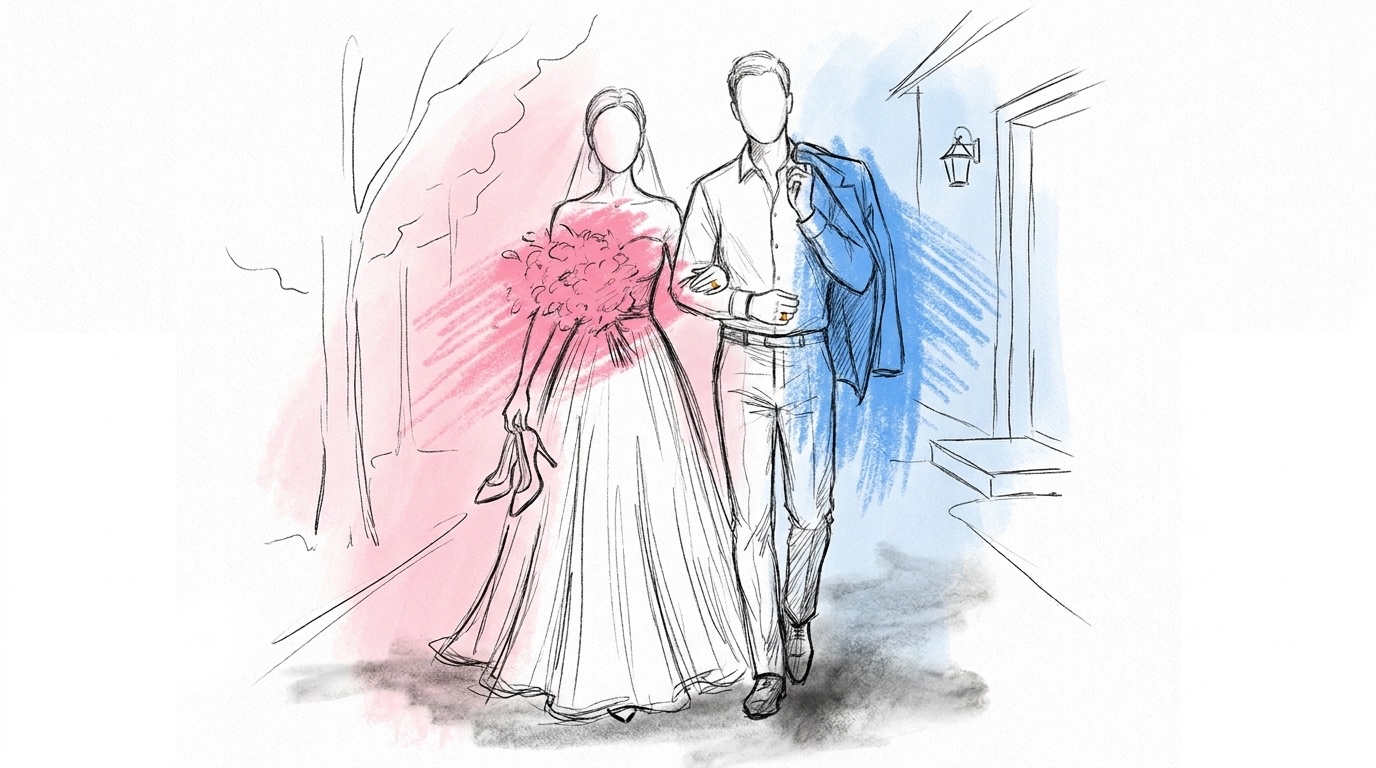Bröllopsnatt: brudpar som går arm i arm mot ett hotell sent på natten, bruden bär sina skor i handen, i Lovios rosa och blå illustrationsstil