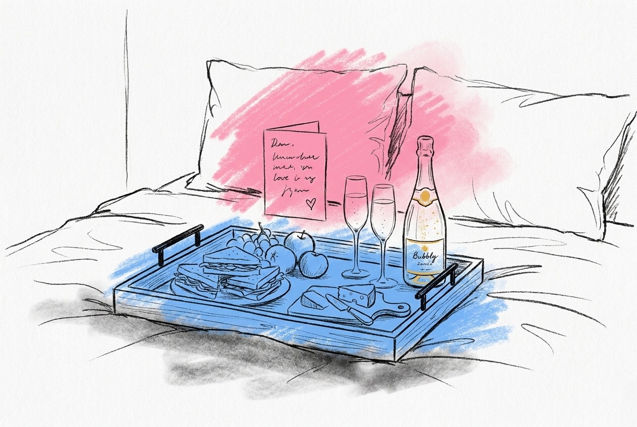 Bricka på sängen med smörgåsar, frukt, ost och bubbel samt ett kort på kudden, i Lovios rosa och blå illustrationsstil