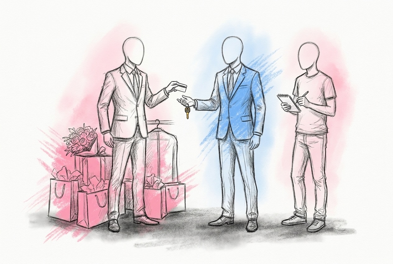 Bästman lämnar över nyckelkort och bilnyckel till brudgummen bredvid väskor och presenter, i Lovios rosa och blå illustrationsstil