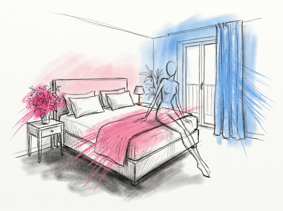 Ett mysigt hotellrum med bäddad dubbelsäng och en liten bukett på nattduksbordet, i Lovios rosa och blå illustrationsstil