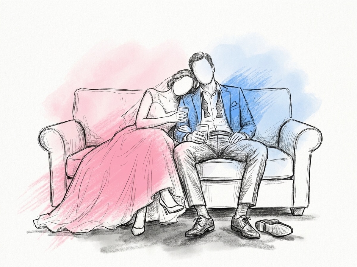 Trött brudpar på en soffa med avsparkade skor som delar ett glas vatten, i Lovios rosa och blå illustrationsstil