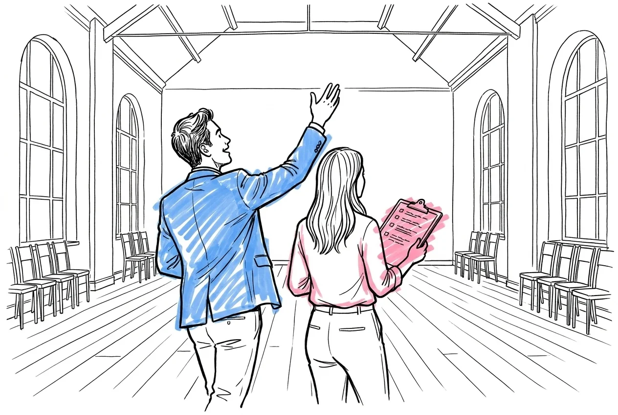 Par g\u00e5r genom en bröllopslokal och utv\u00e4rderar utrymmet