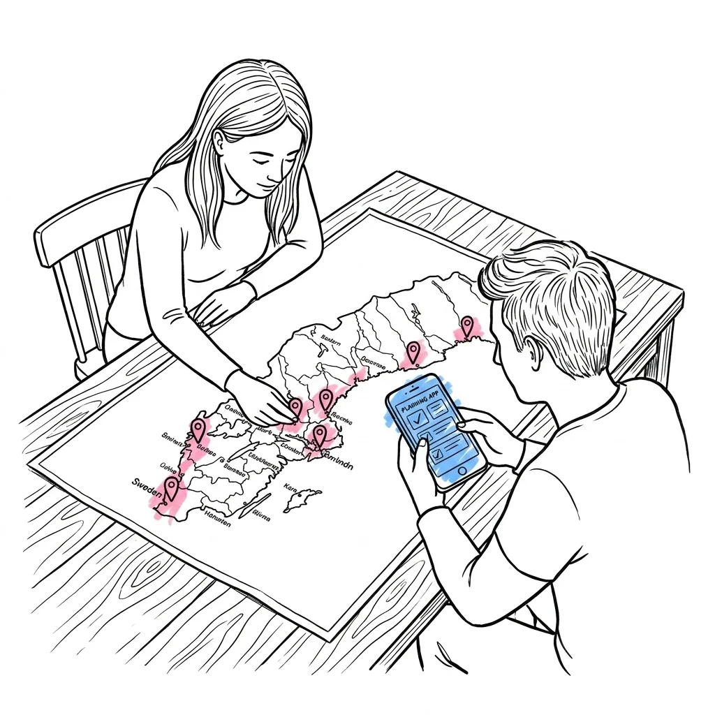 Par tittar p\u00e5 en karta \u00f6ver Sverige med markerings\u00e5lar p\u00e5 olika br\u00f6llopsdestinationer