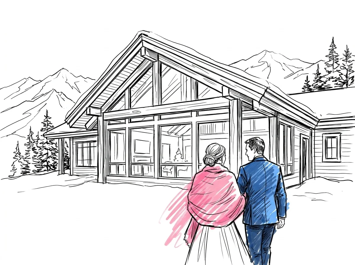 Fj\u00e4llhotell med stora f\u00f6nster mot sn\u00f6iga berg \u2014 vinterbr\u00f6llopsdestination