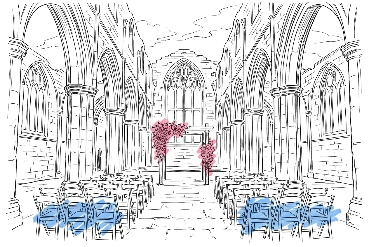 Medeltida stenruin med \u00f6ppna b\u00e5gf\u00f6nster och stolar uppst\u00e4llda f\u00f6r vigsel