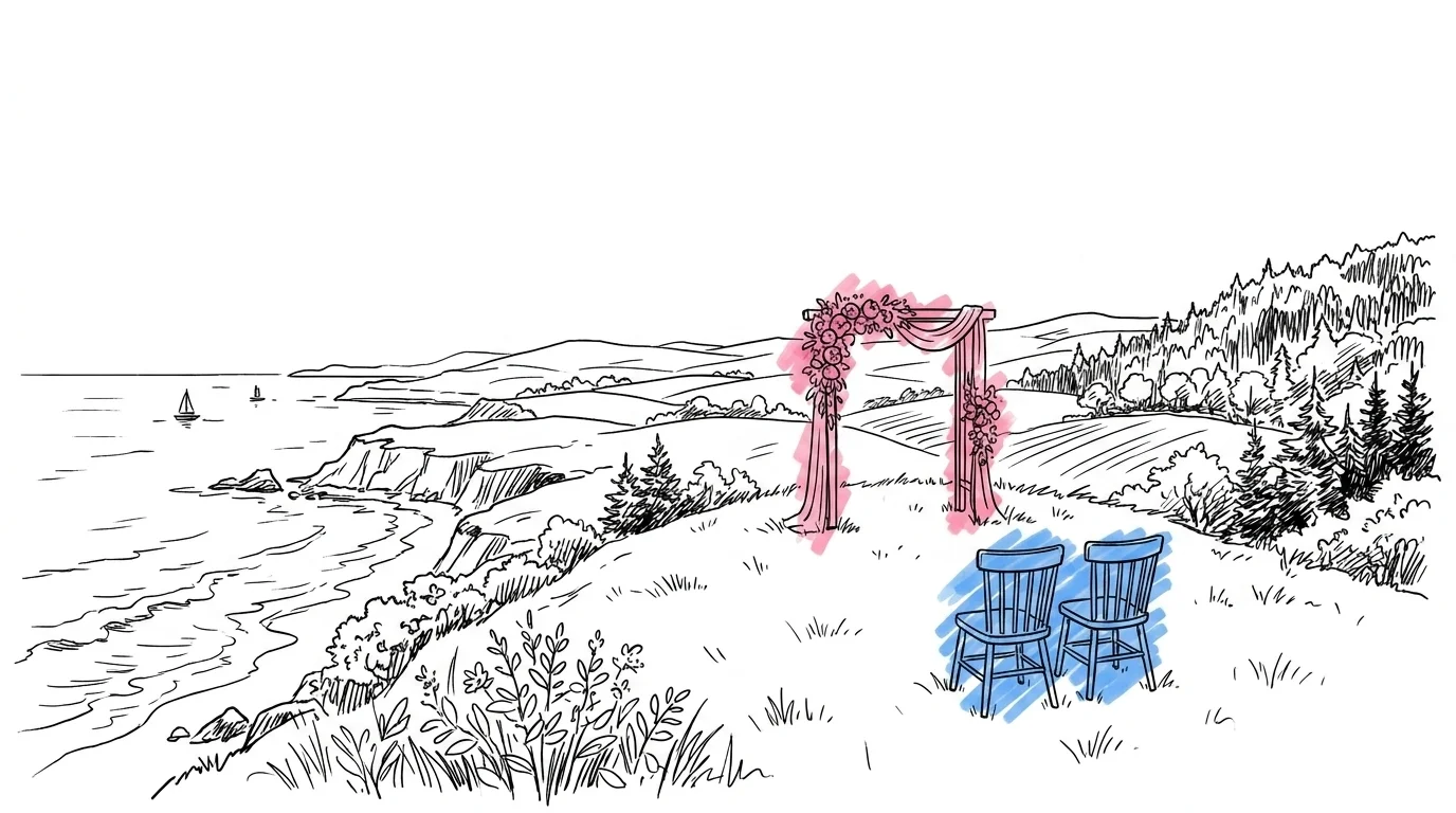 Sv\u00e4pande svensk landskapsbild \u2014 kust, landsbygd och skogskl\u00e4dda kullar med en ceremoni\u00e5ge i fj\u00e4rran