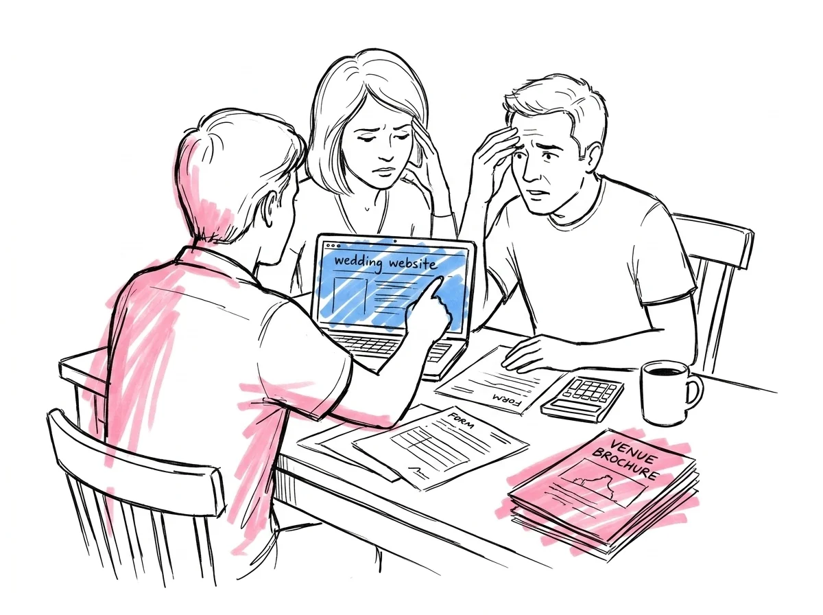 Par vid bord med laptop, papper och kalkylator \u2014 planering av br\u00f6llopsplats