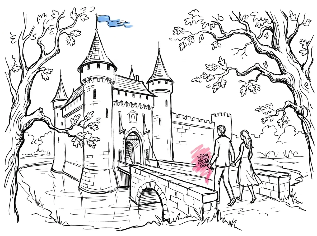 Slott omgivet av gamla tr\u00e4d och vallgrav med ett par p\u00e5 bron