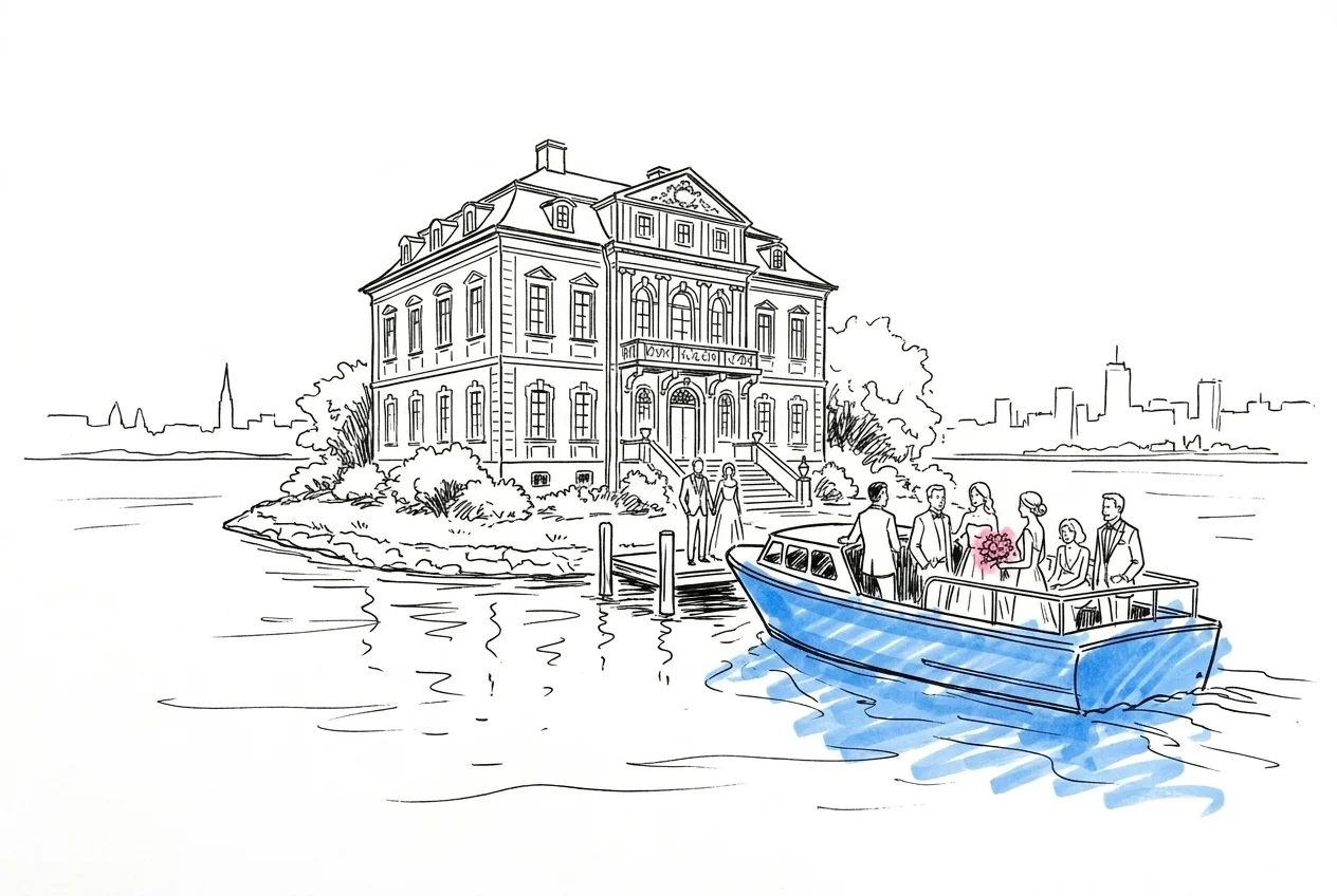 Stockholms vattenfront med gult hus p\u00e5 Skeppsholmen och en b\u00e5t med br\u00f6llopsg\u00e4ster