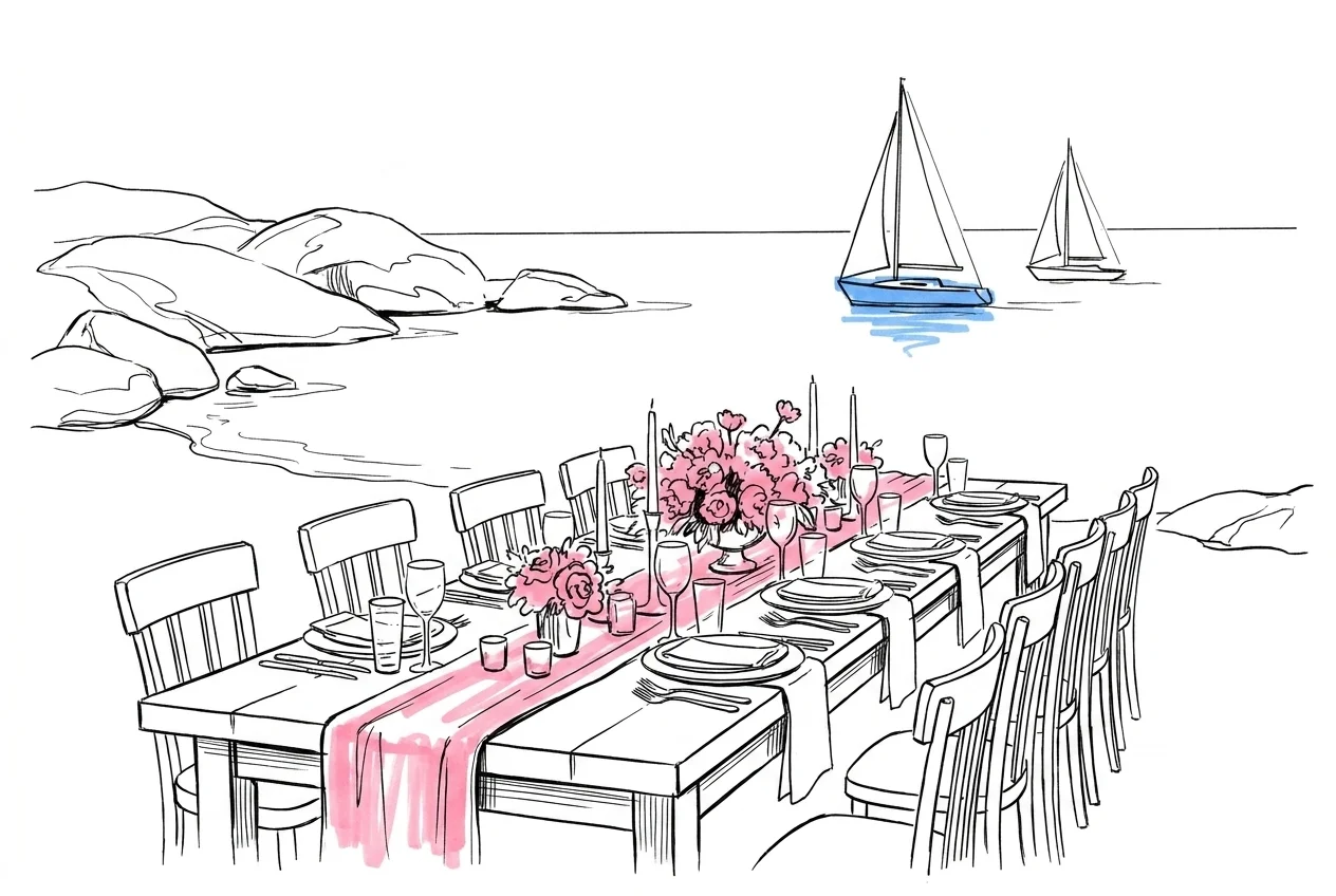 Kustscen med sl\u00e4ta granitklippor vid havet och ett festligt l\u00e5ngbord uppdukat vid vattnet