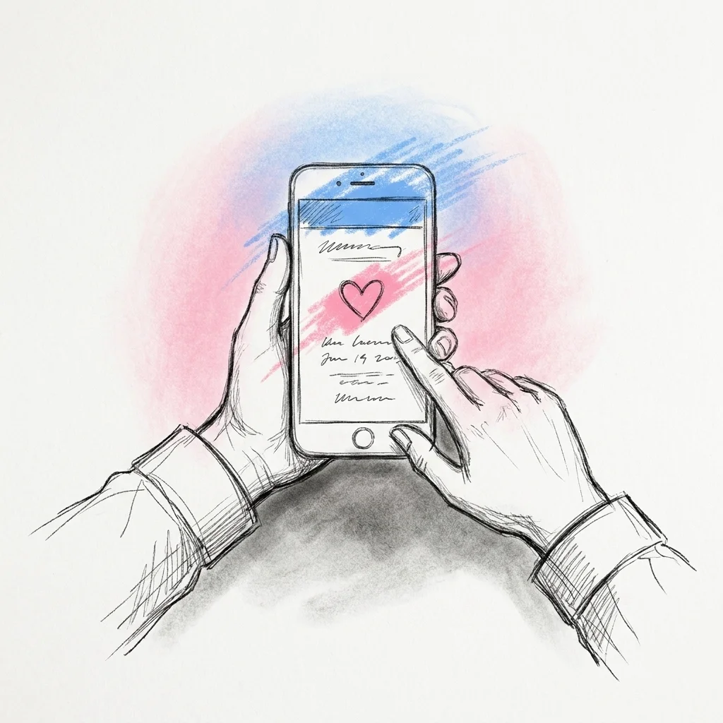 Ett brudpars händer ställer in en digital bröllopsinbjudan på en telefonskärm där Swish-nummer syns högst upp på inbjudan.