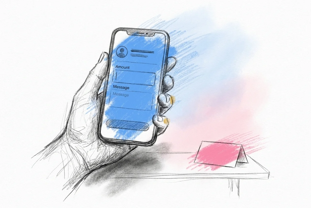 En hand håller en telefon som visar en Swish-betalningsskärm med en bröllopshälsning i meddelandefältet och brudparets namn som mottagare.