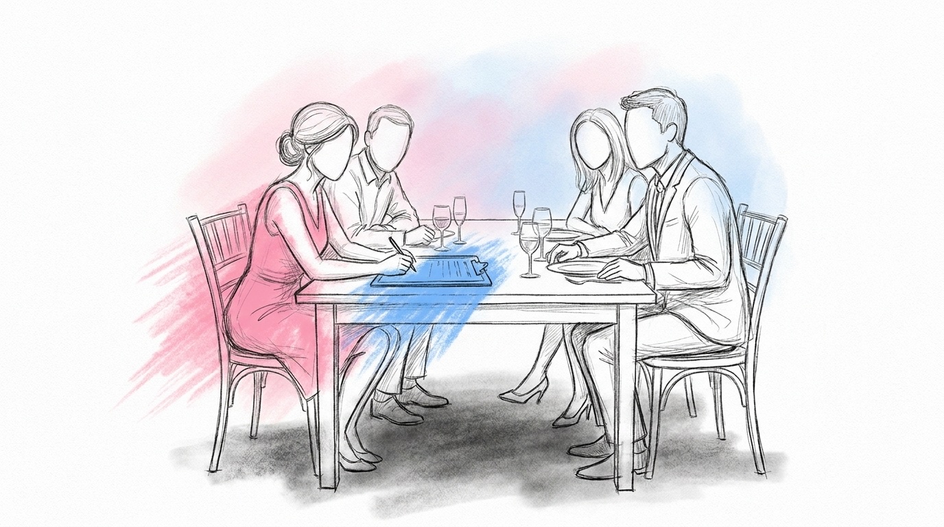 Bröllopsquiz vid ett bröllopsbord: en liten grupp gäster lutar sig in tillsammans över en gemensam svarsblankett, en av dem håller en penna mitt i skrivandet och lyssnar mot en osynlig värd som läser upp en fråga