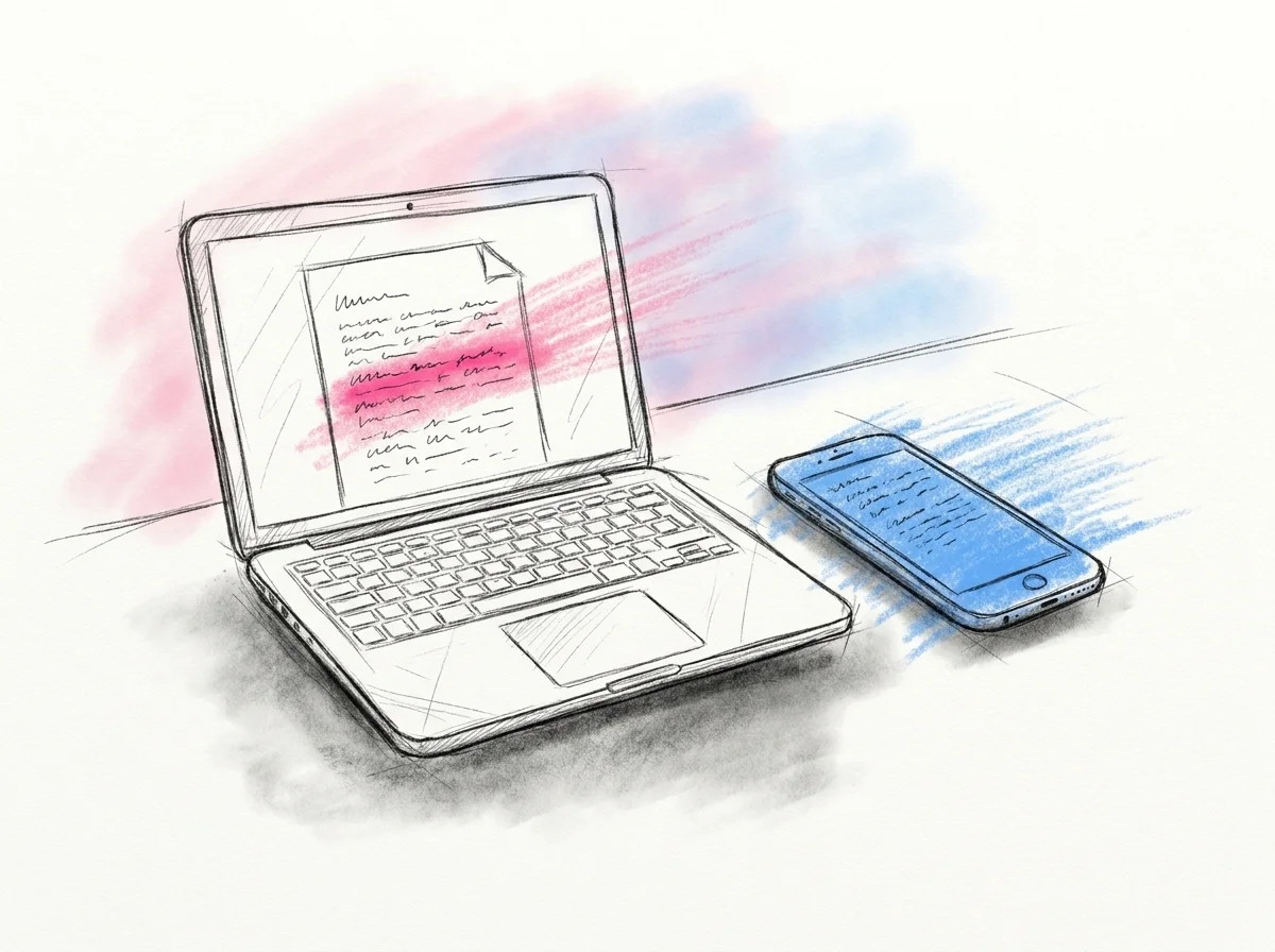 En laptop och en telefon sida vid sida som visar samma delade dokument med ett kort rim, som om fler än en person redigerar samtidigt