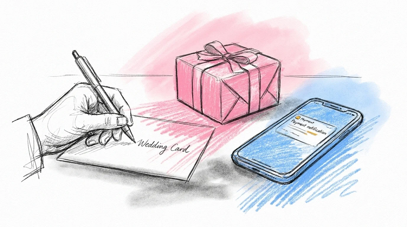 En hand skriver ett kort bröllopsrim på ett kort vid ett bord, med en present och en telefon som visar en betalningsnotis bredvid