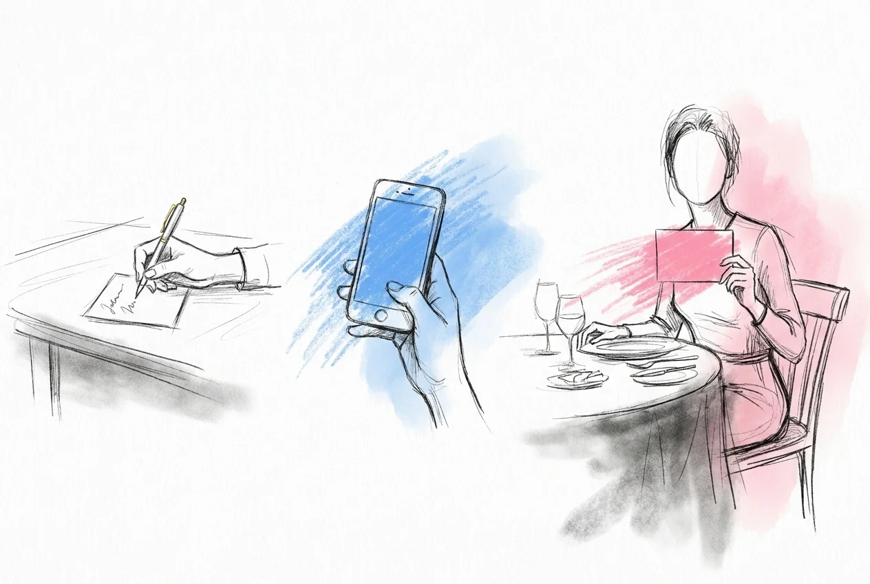 Tre vardagliga scener: ett kort som skrivs, en telefon där ett Swish-meddelande skrivs och en person som läser en hälsning högt vid ett middagsbord