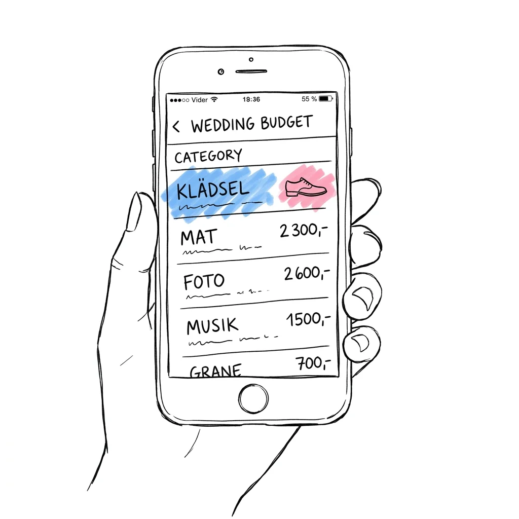 En telefonskärm som visar en bröllopsbudget-app med en Klädsel-kategorirad och en liten skoikon bredvid ett pris — praktiskt, organiserat och lugnt — i Lovios rosa och blå illustrationsstil