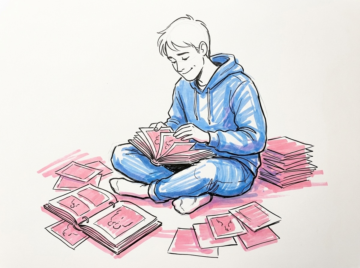 Person som sitter på golvet omgiven av utspridda fotografier och bläddrar bland minnen i Lovios rosa och blå illustrationsstil