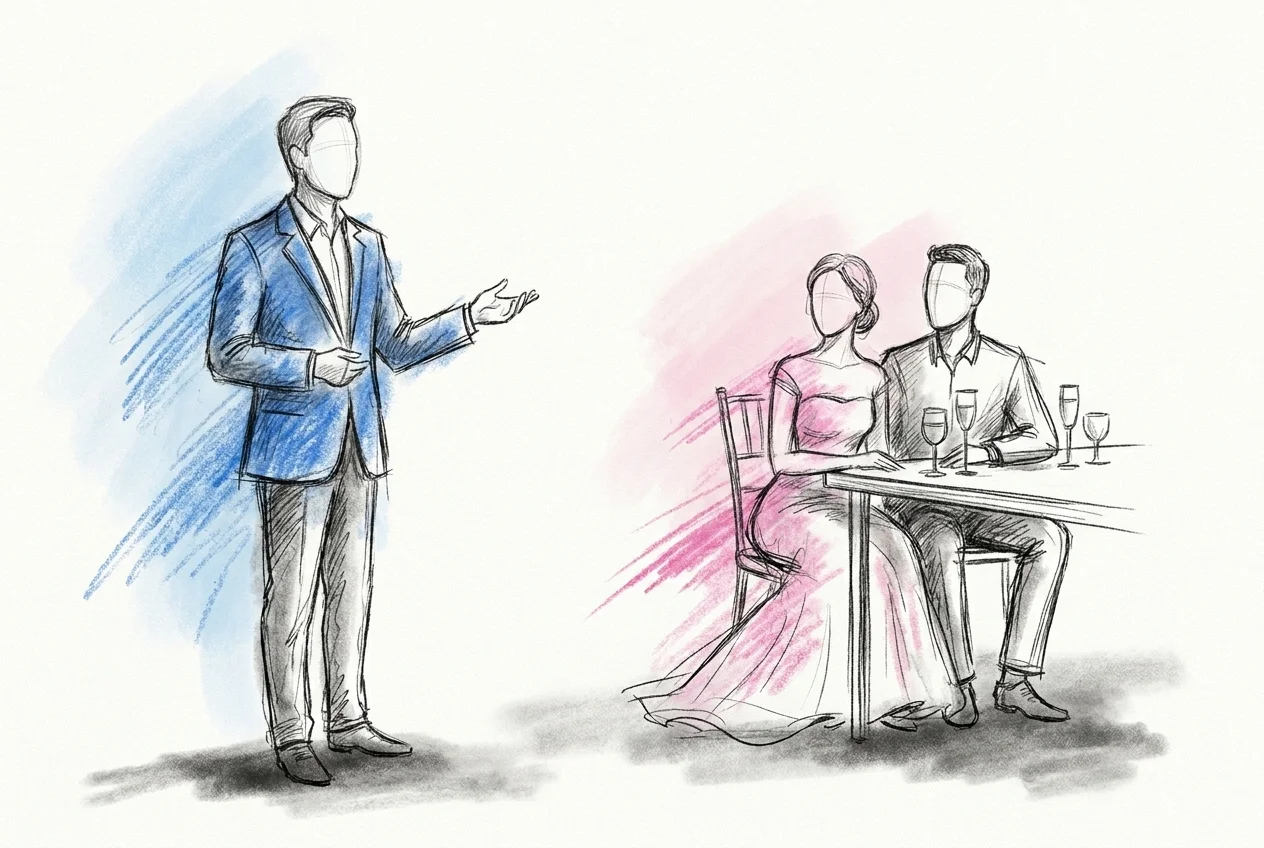 En talare gestikulerar med en lätt öppen hand mot båda personerna i brudparet som sitter sida vid sida vid bordet — riktningen mot paret är tydlig, i Lovios illustrationsstil