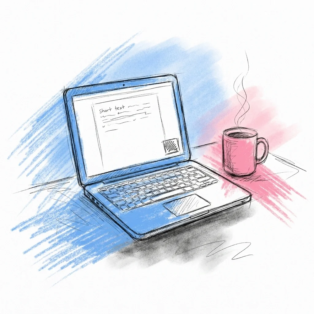 En laptop-skärm sedd snett från sidan visar ett kort dokument med några textrader och en liten ordräknare i hörnet, en kaffekopp bredvid — Lovios illustrationsstil