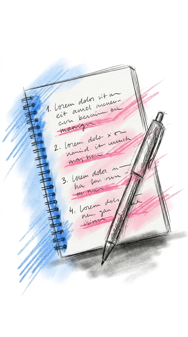 Ett uppslaget anteckningsblock i porträttformat sett ovanifrån med fyra korta numrerade textstycken där sista raden är understruken och en penna snett över sidan — Lovios illustrationsstil