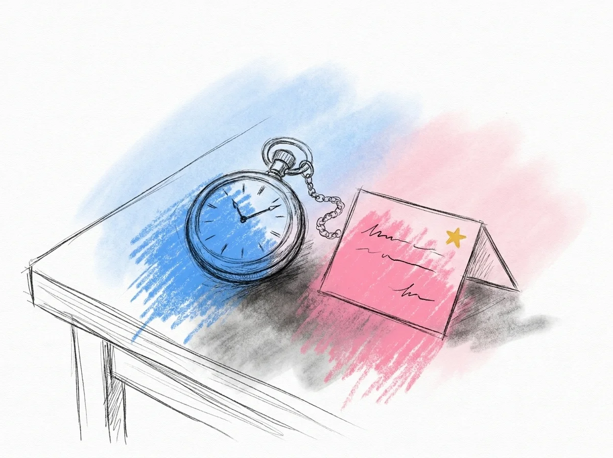 Ett stoppur bredvid en liten lapp med en kort textrad i en enkel, ren komposition som visar kontrasten mellan kort och lång — Lovios illustrationsstil