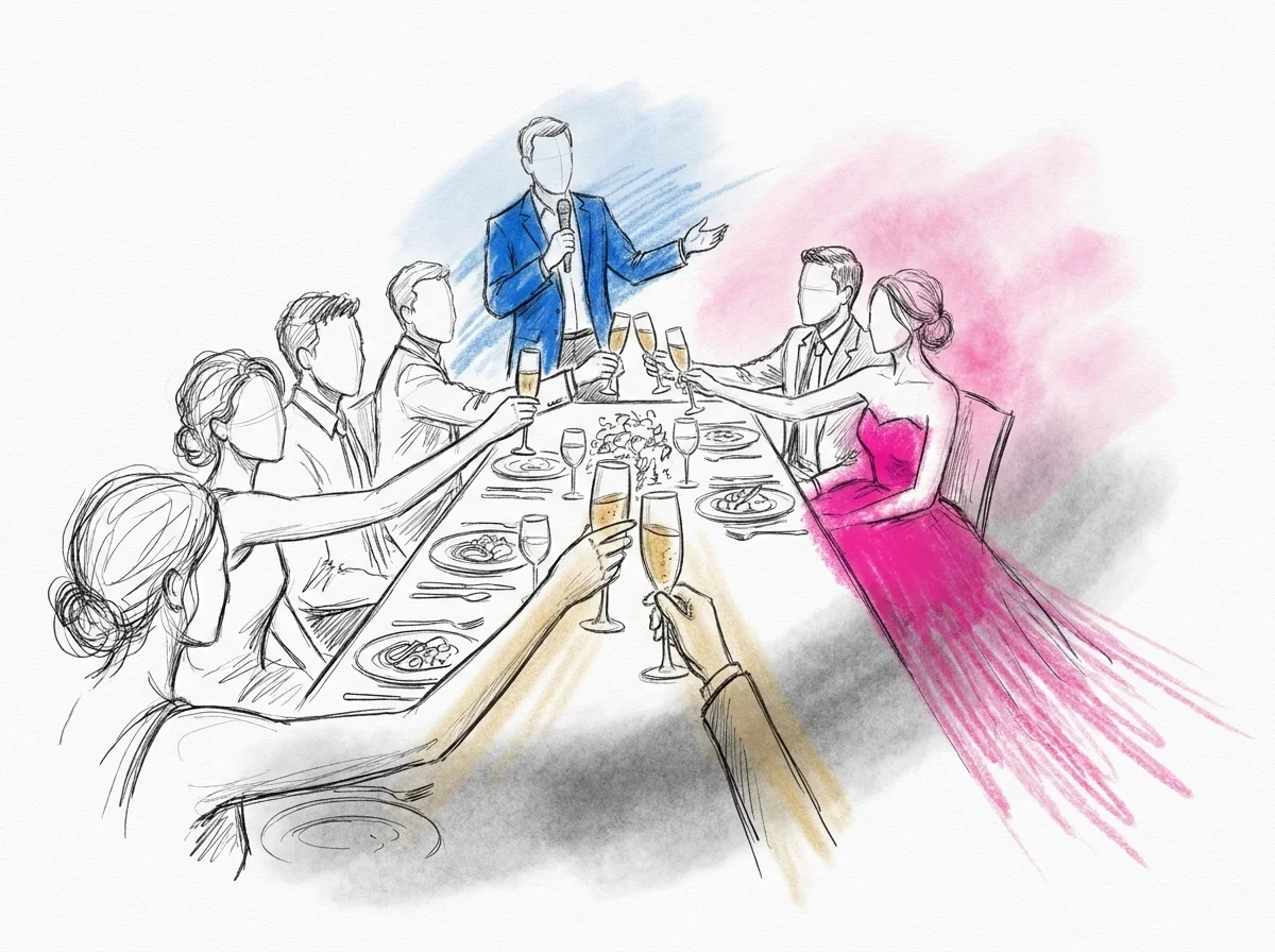 Tre-fyra figurer runt ett bord höjer sina glas i en skål mot brudparet medan en toastmaster-figur står i bakgrunden — Lovios illustrationsstil