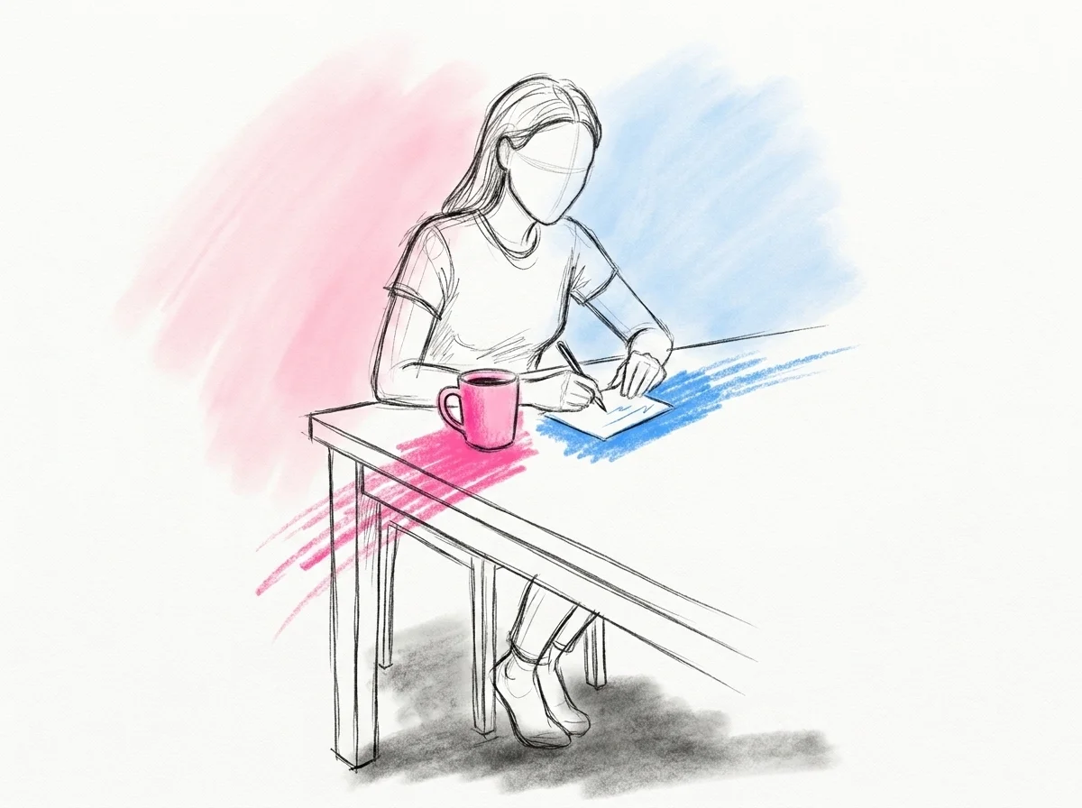 En person sitter vid köksbordet och skriver några korta rader på ett litet kort med en kaffekopp bredvid i lugn, avslappnad hållning — Lovios illustrationsstil