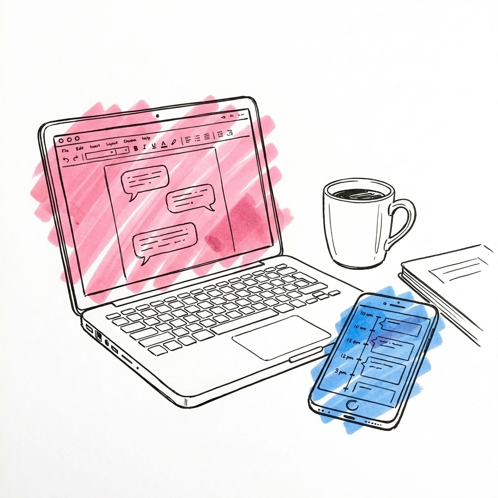 Laptop med dokumentredigerare och taltext bredvid telefon med körschema i Lovios rosa och blå illustrationsstil