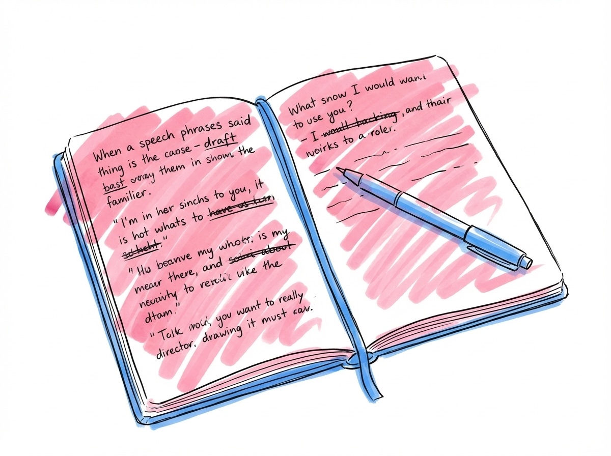 Handskriven anteckningsbok öppen med talutkast och överstrukna ord, en penna ovanpå sidan i Lovios rosa och blå illustrationsstil