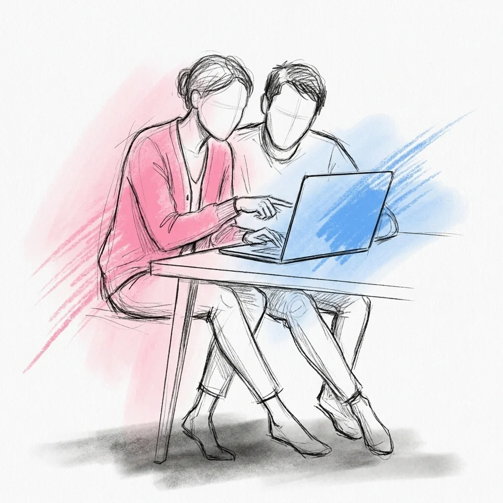 Två personer sitter sida vid sida vid en laptop och tittar på samma delade dokument på skärmen medan den ena pekar på en textrad, i Lovios rosa och blå illustrationsstil