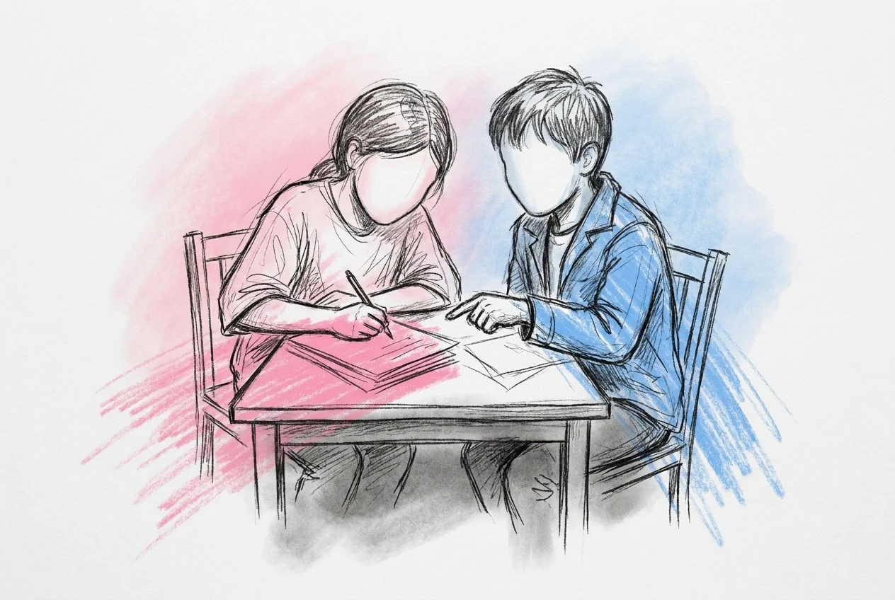 Två syskon eller nära vänner sitter tillsammans vid ett bord före bröllopet och sketchar anteckningar medan de skrattar och pratar, i Lovios rosa och blå illustrationsstil