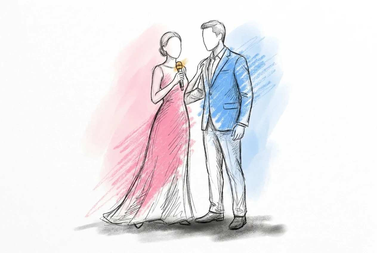 En mamma och en pappa står tillsammans på bröllopet, den ena håller mikrofonen mitt i en mening medan den andra står nära bredvid och tittar mot brudparet, i Lovios rosa och blå illustrationsstil