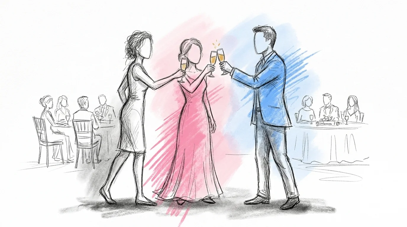 Två eller tre personer håller ett gemensamt bröllopstal tillsammans och höjer glasen mitt i en skål, i Lovios rosa och blå illustrationsstil