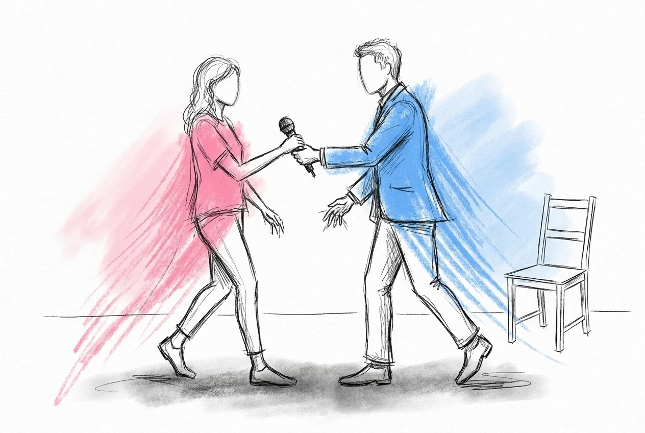 Två personer övar i ett vanligt rum, en håller en handmikrofon i en överlämning till den andra medan de justerar sina stå-positioner, i Lovios rosa och blå illustrationsstil